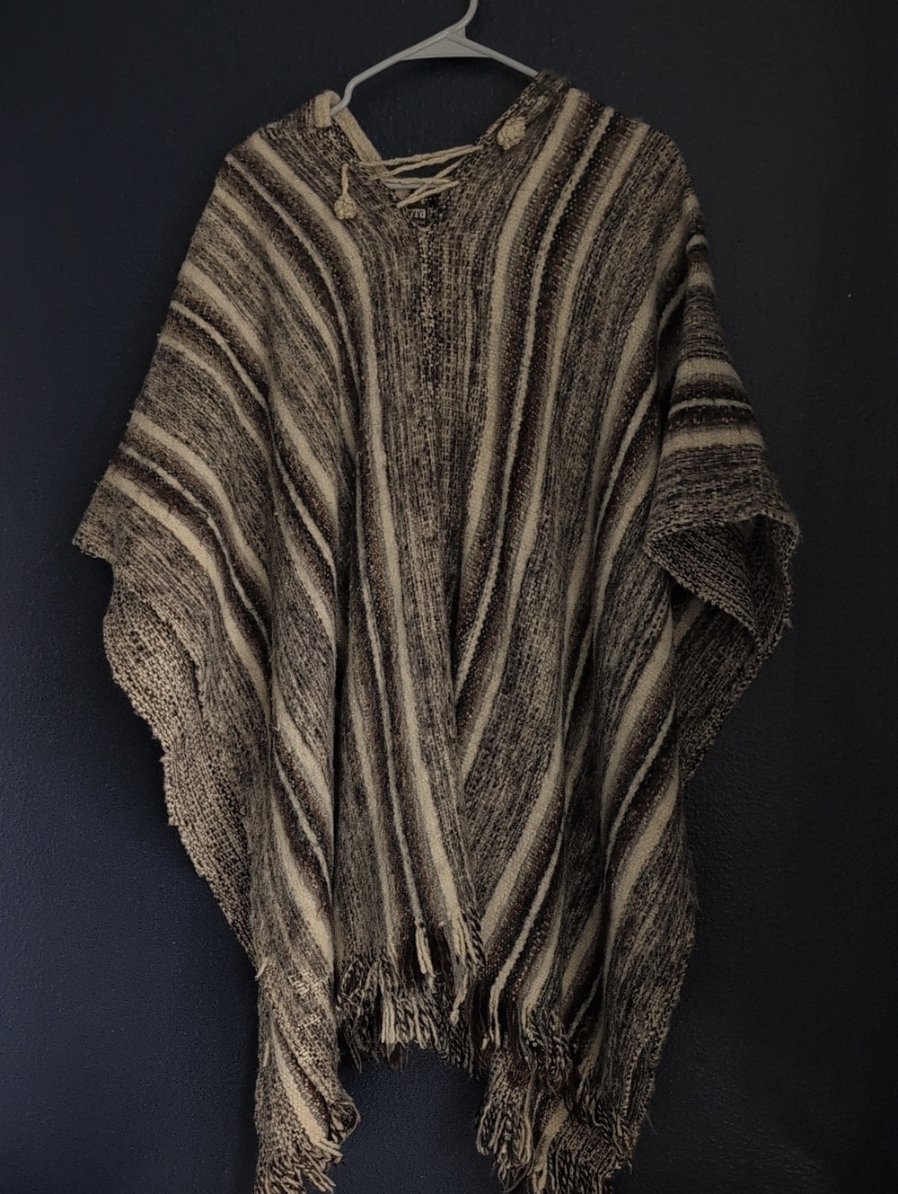Striped V-Neck Poncho Jacket in Brown and Cream